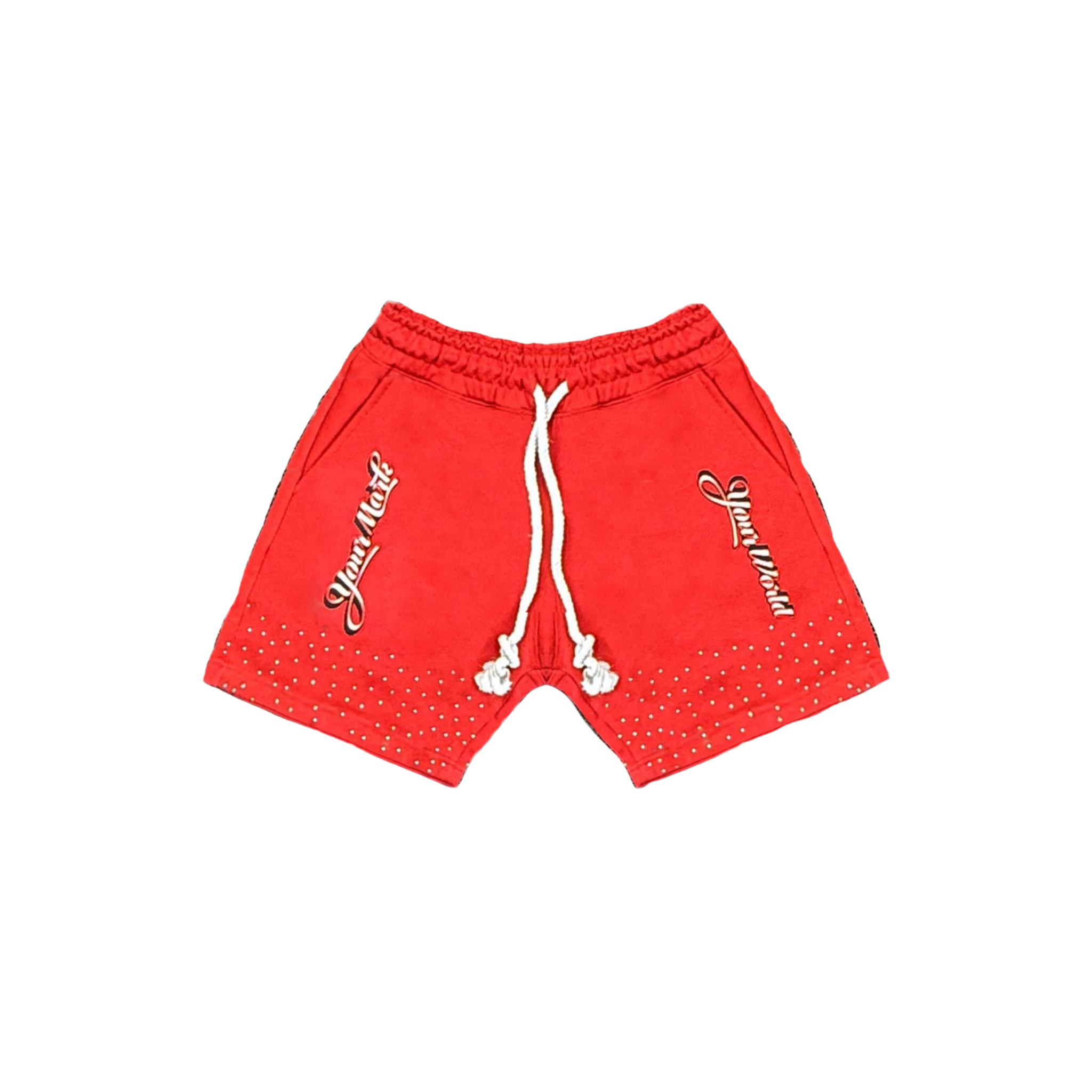Red shorts with white drawstring and branding on a white background