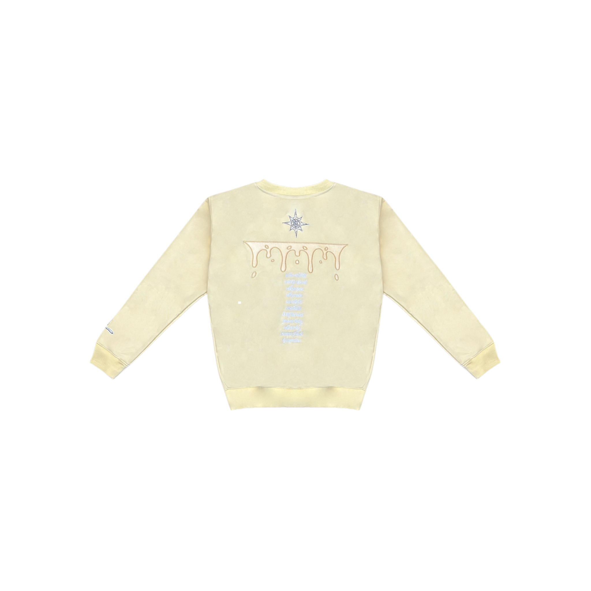 Light yellow sweater with a design on the back against a white background