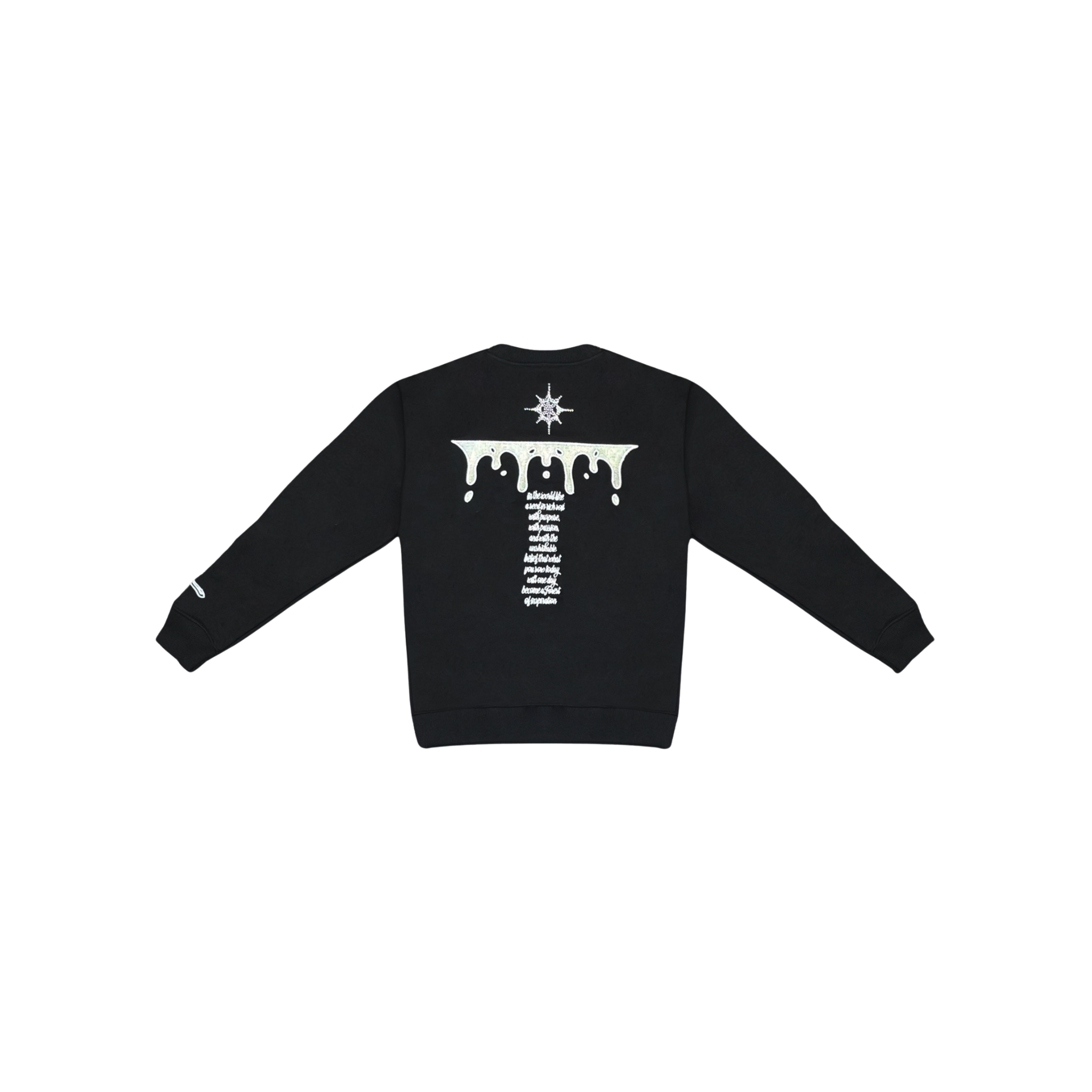 Black sweatshirt with white graphics on the back against a white background