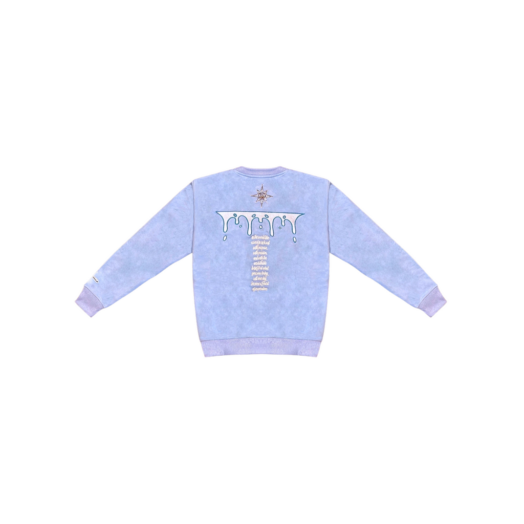Light blue sweatshirt with a design on the back against a white background