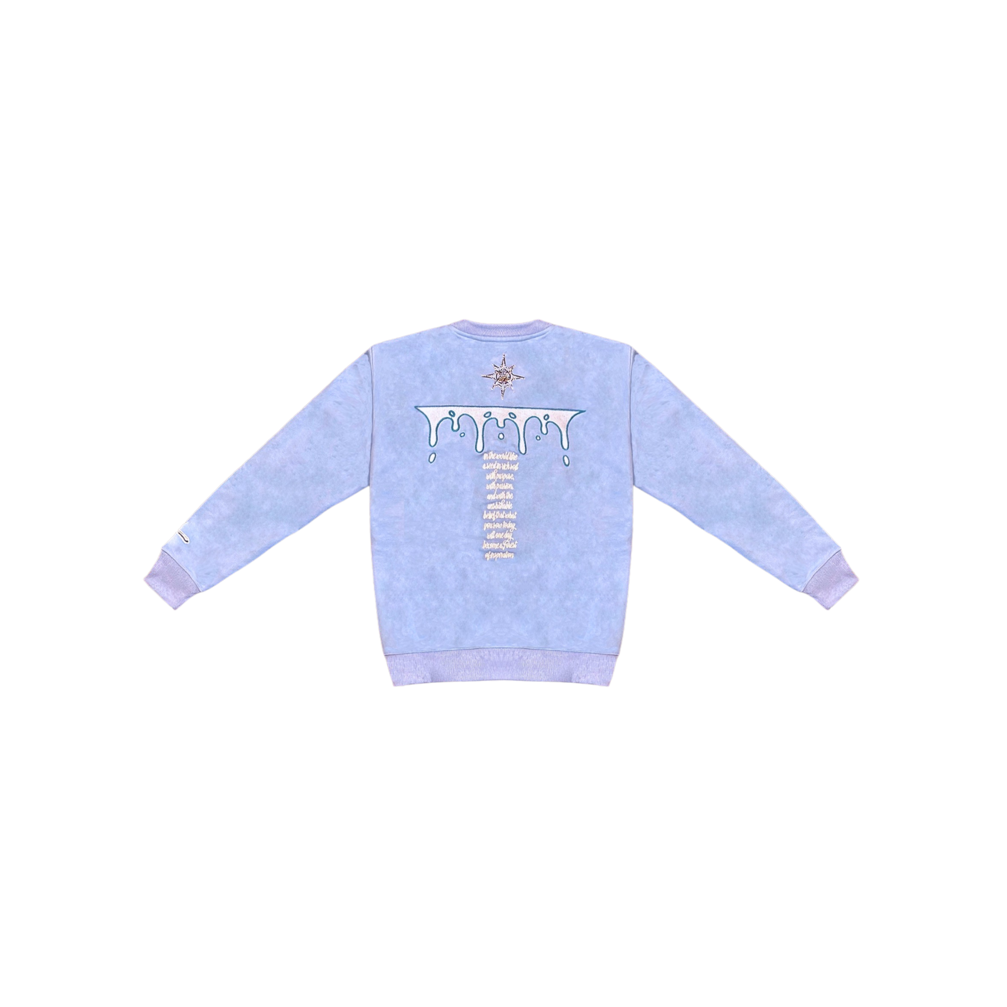 Light blue sweatshirt with a design on the back against a white background