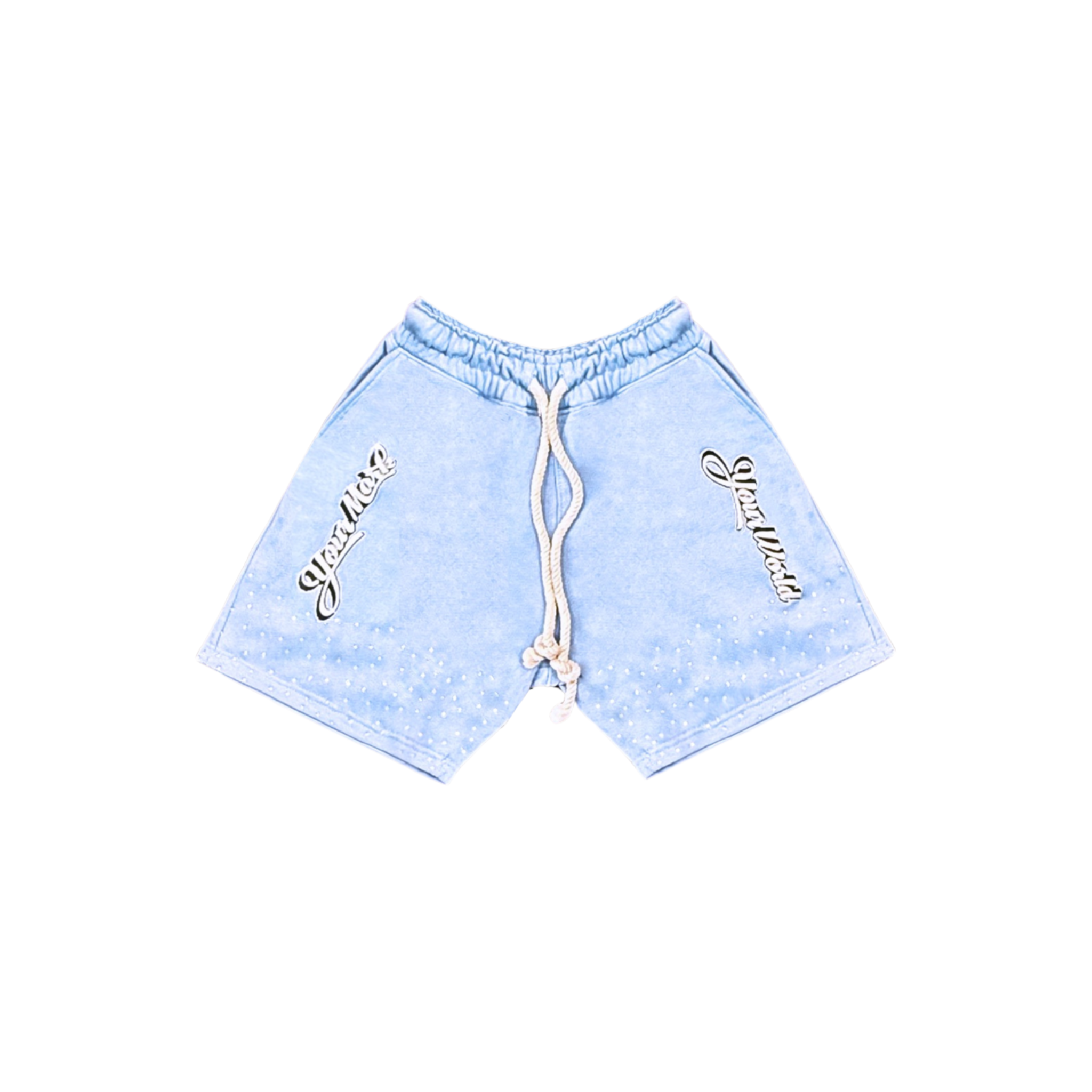 Light blue shorts with white drawstring on a white background