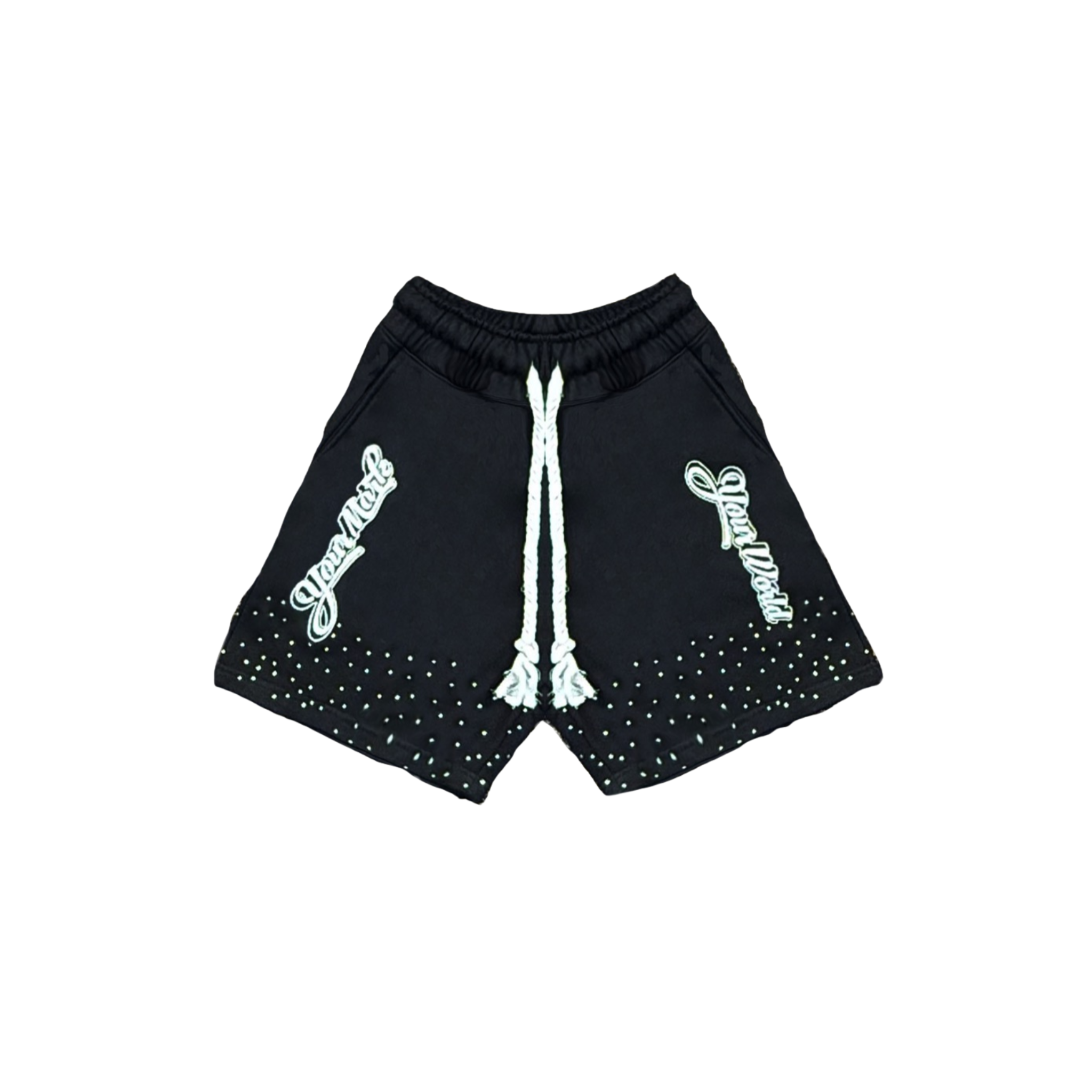 Black shorts with white drawstring and embellishments on a white background
