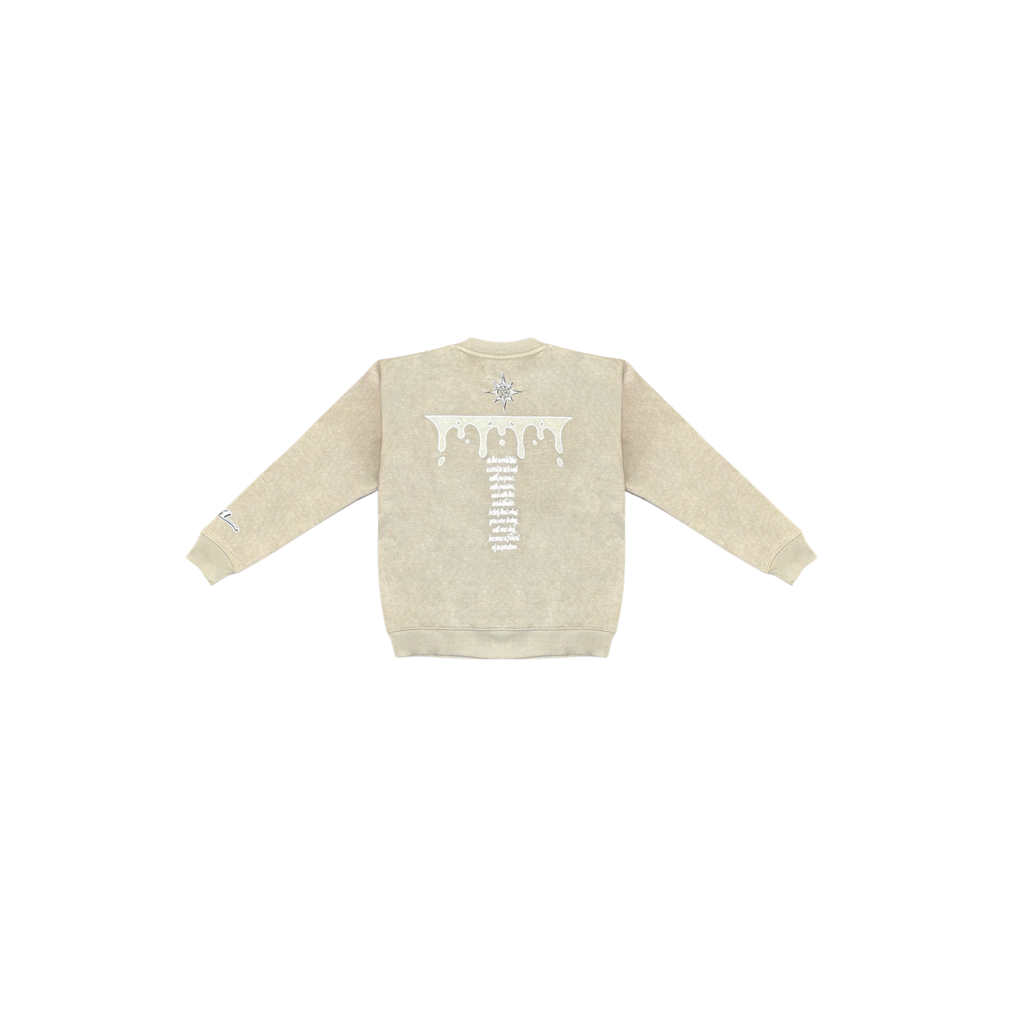 Grey sweatshirt with text on the back against a white background