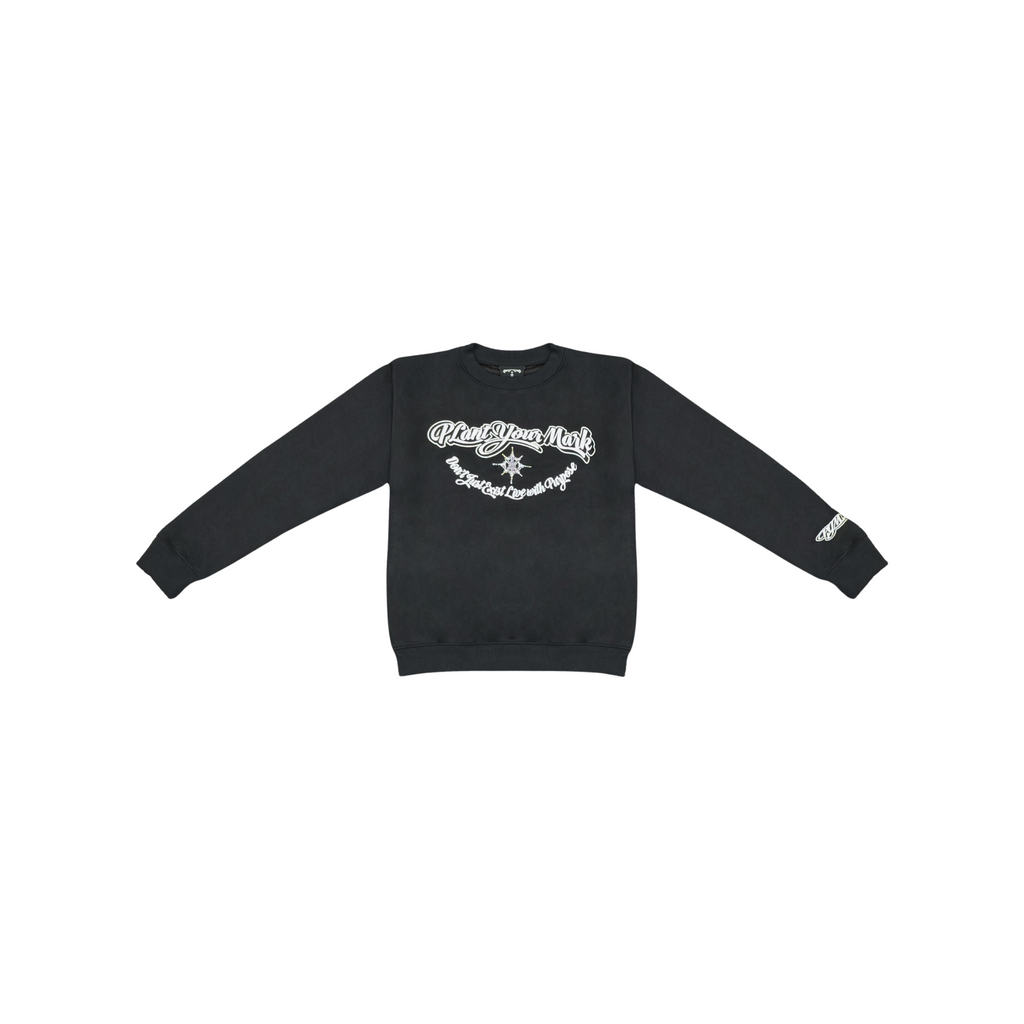 Black sweatshirt with white text and graphics on a white background