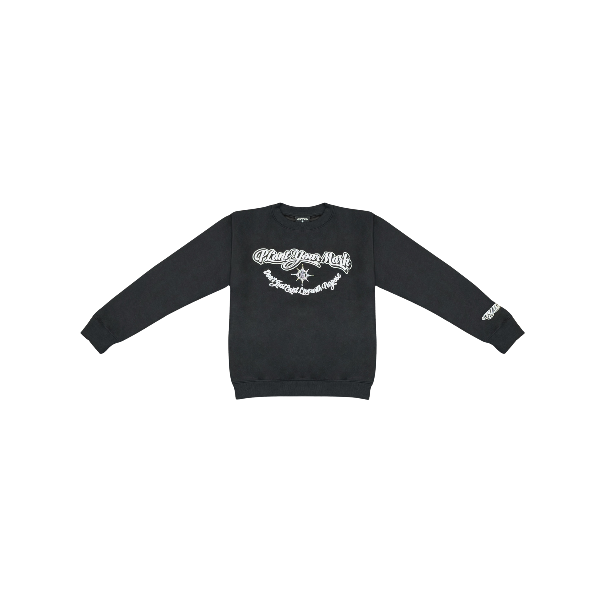 Black sweatshirt with white text and graphics on a white background