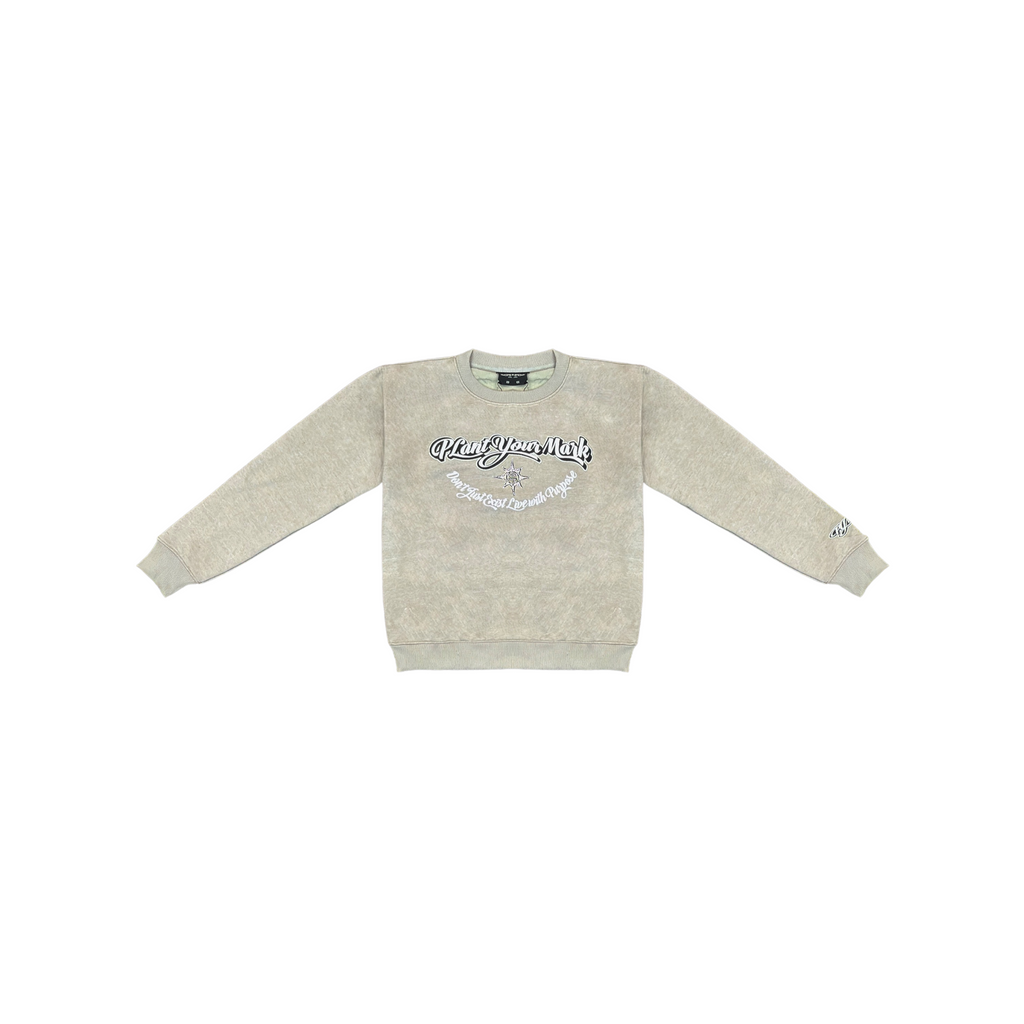 Grey sweatshirt with a logo on a white background