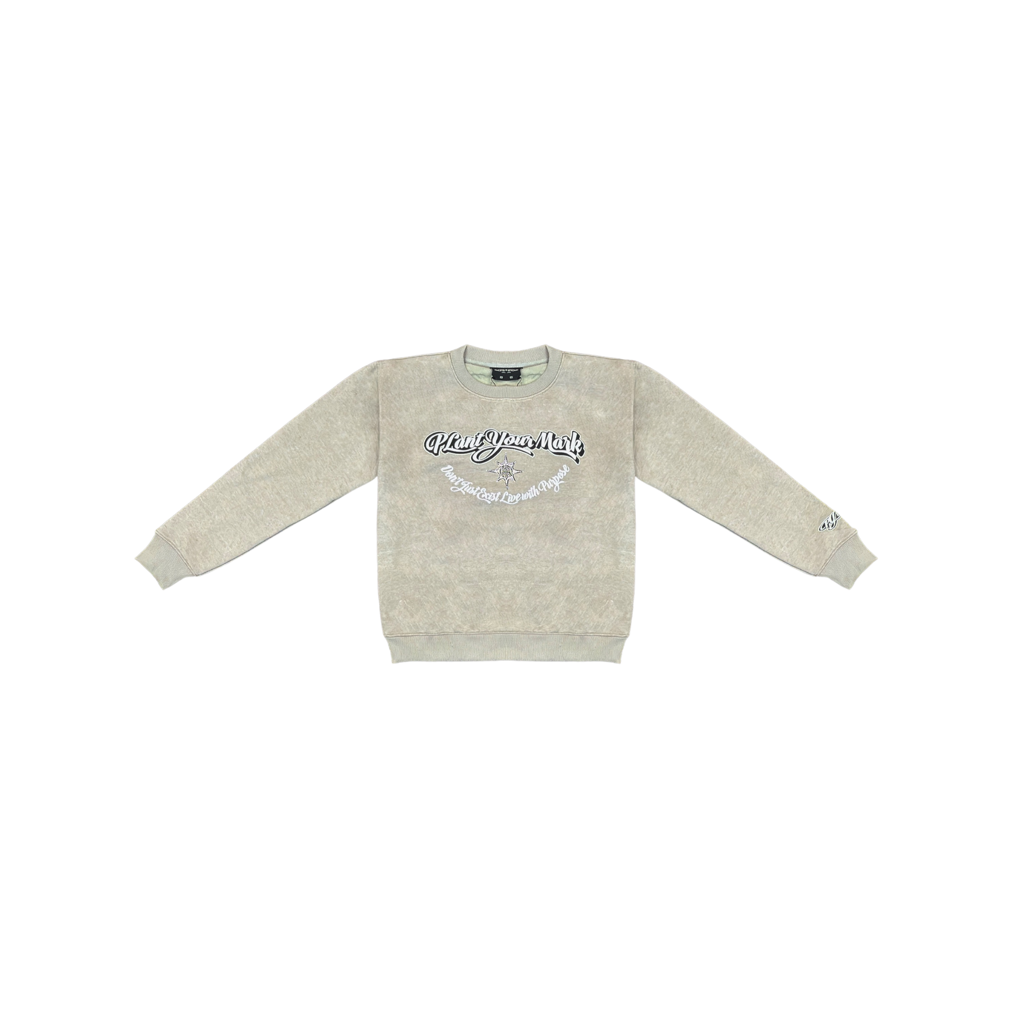 Grey sweatshirt with a logo on a white background