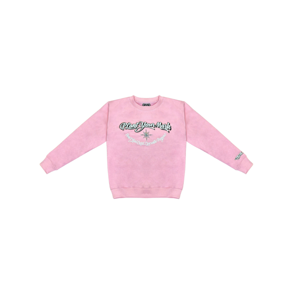 Pink sweatshirt with text and graphics on a white background