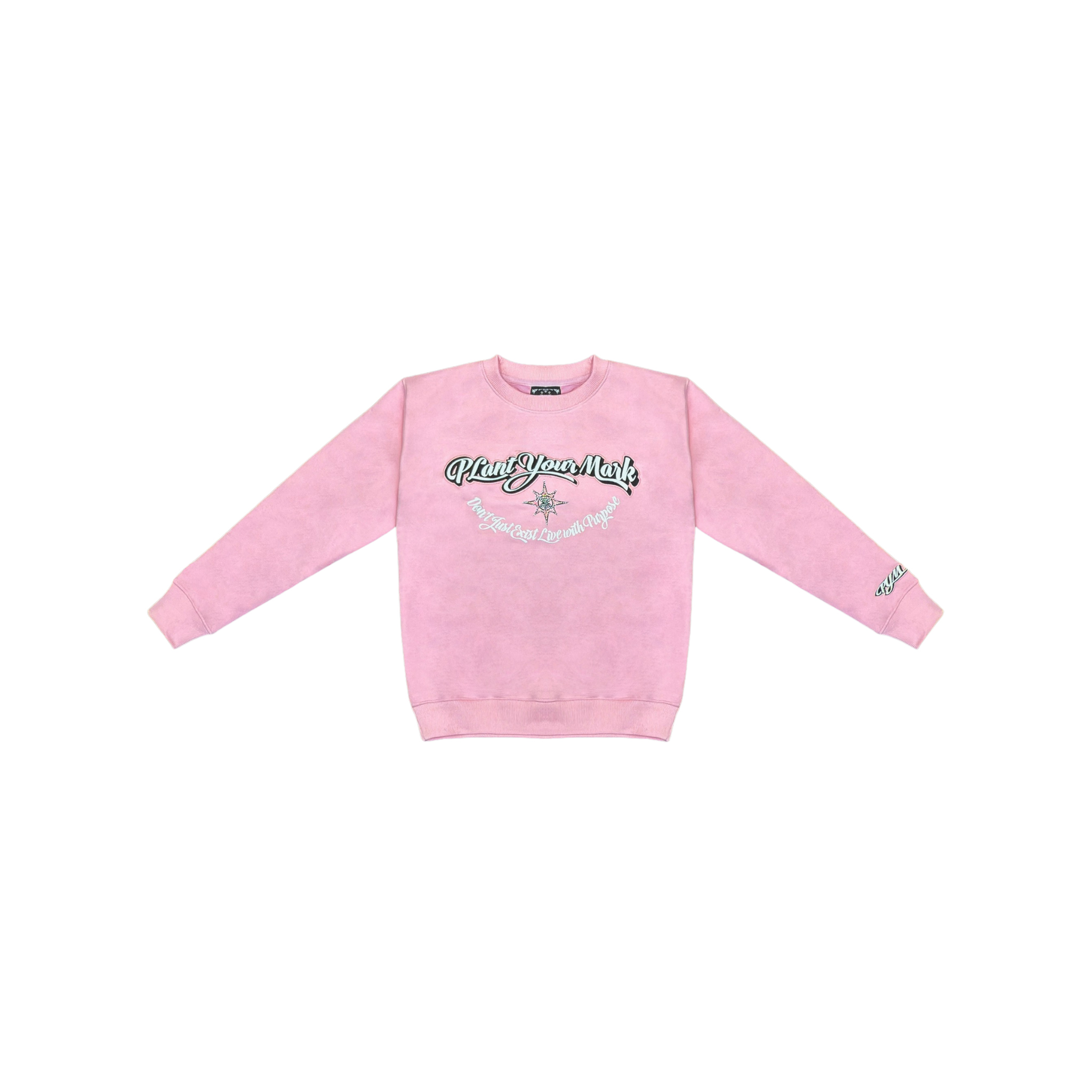 Pink sweatshirt with text and graphics on a white background