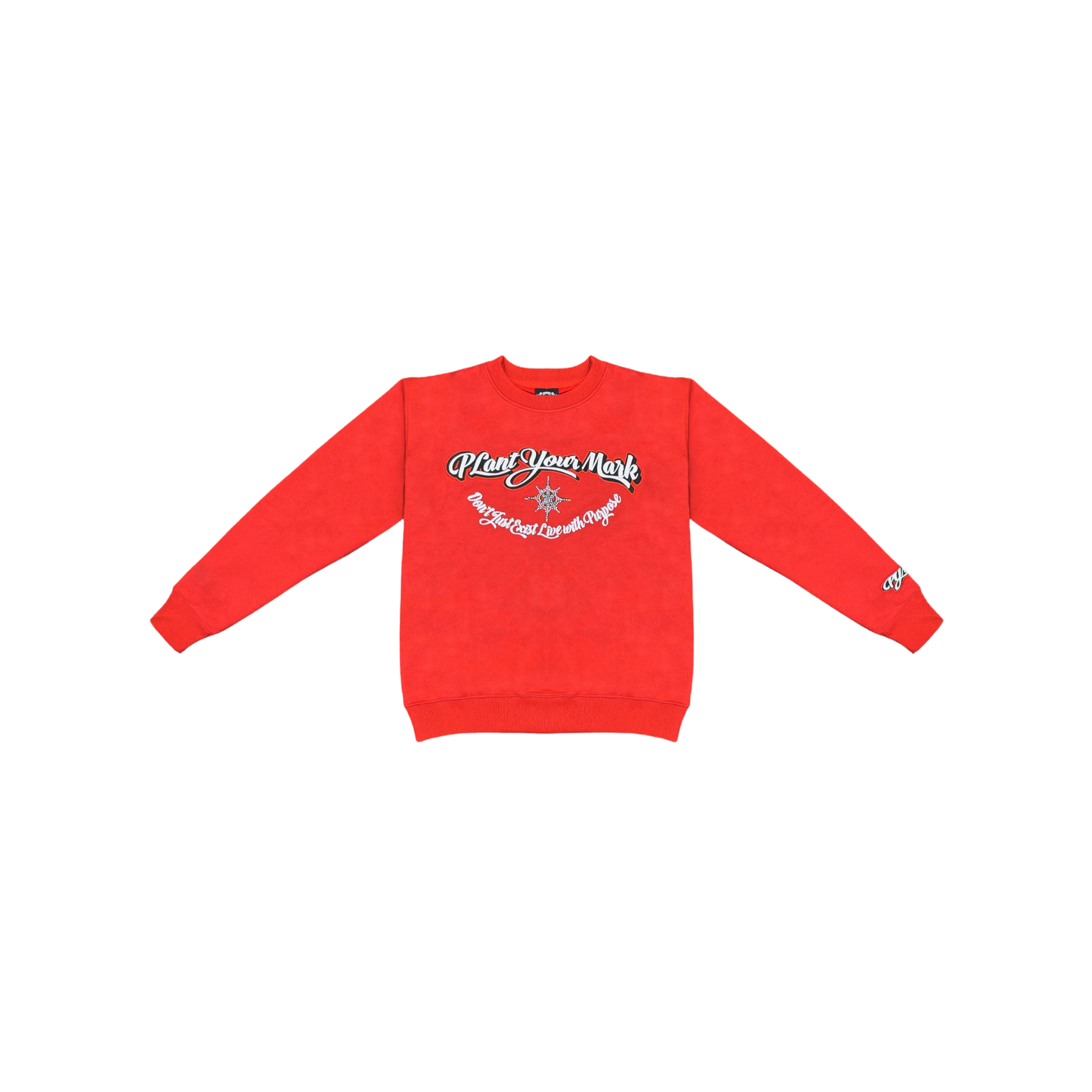 Red sweatshirt with white text and graphics on a white background