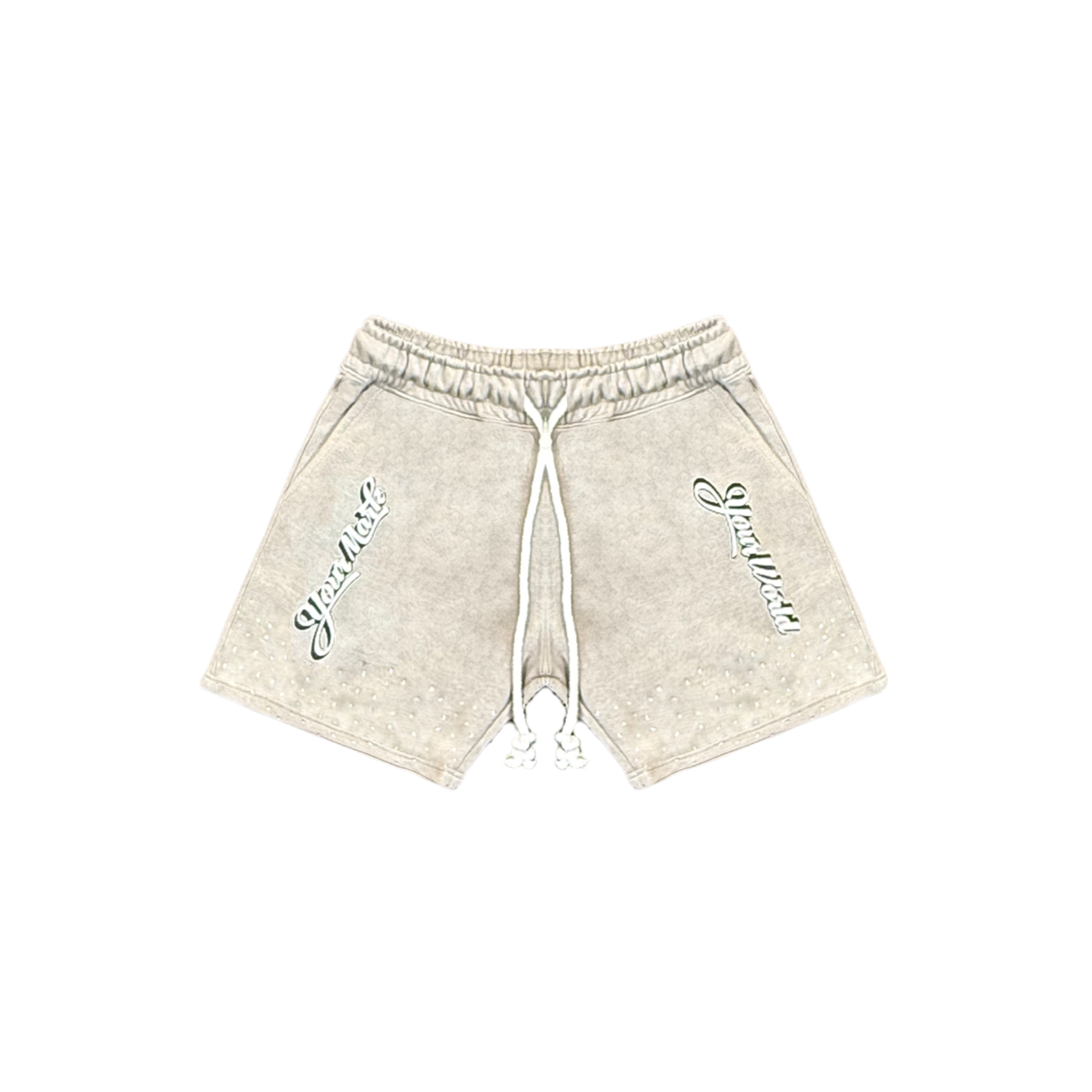 Beige shorts with white drawstring on a white background