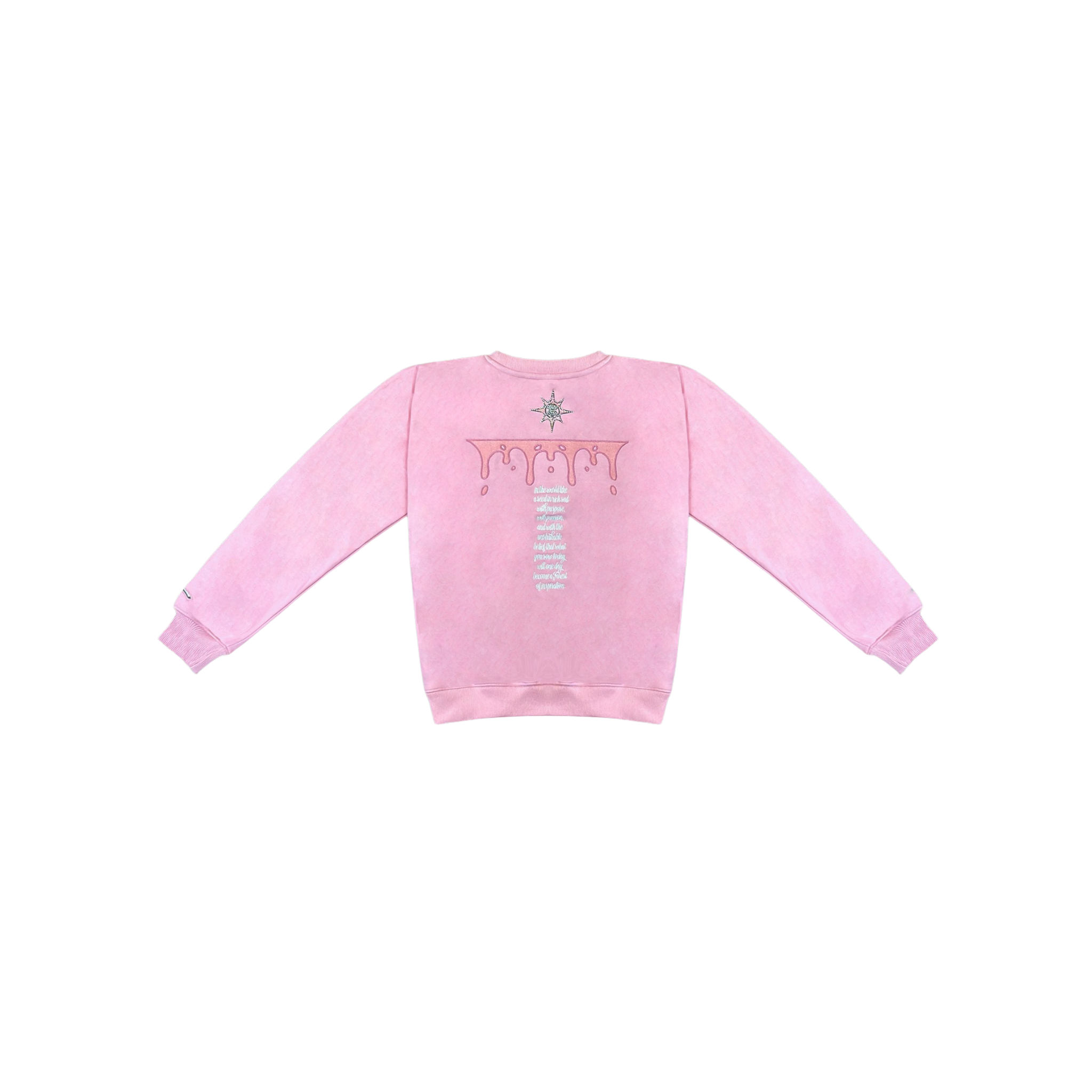 Pink sweatshirt with text and graphics on a white background