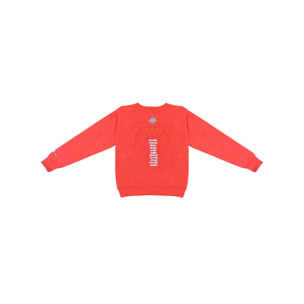 Red sweatshirt with white text on a white background