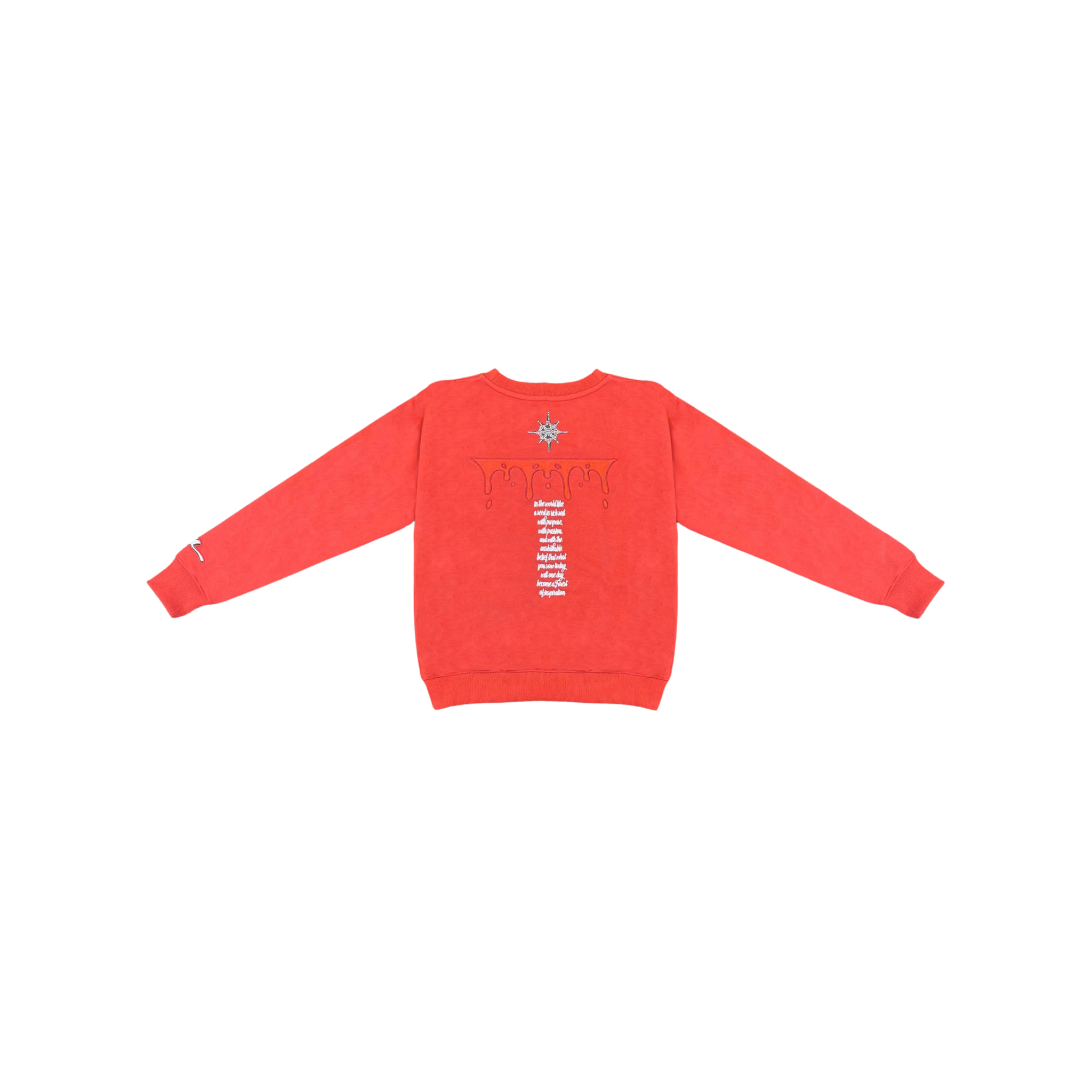 Red sweatshirt with white text on a white background